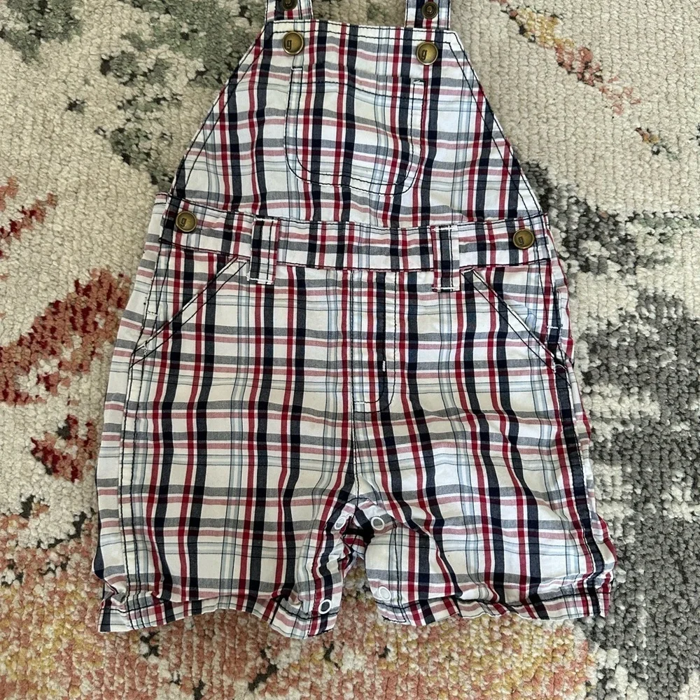 Y2K Gymboree Baby Boy Plaid Red White Blue Overalls Shortalls 6-12 M 100% Cotton